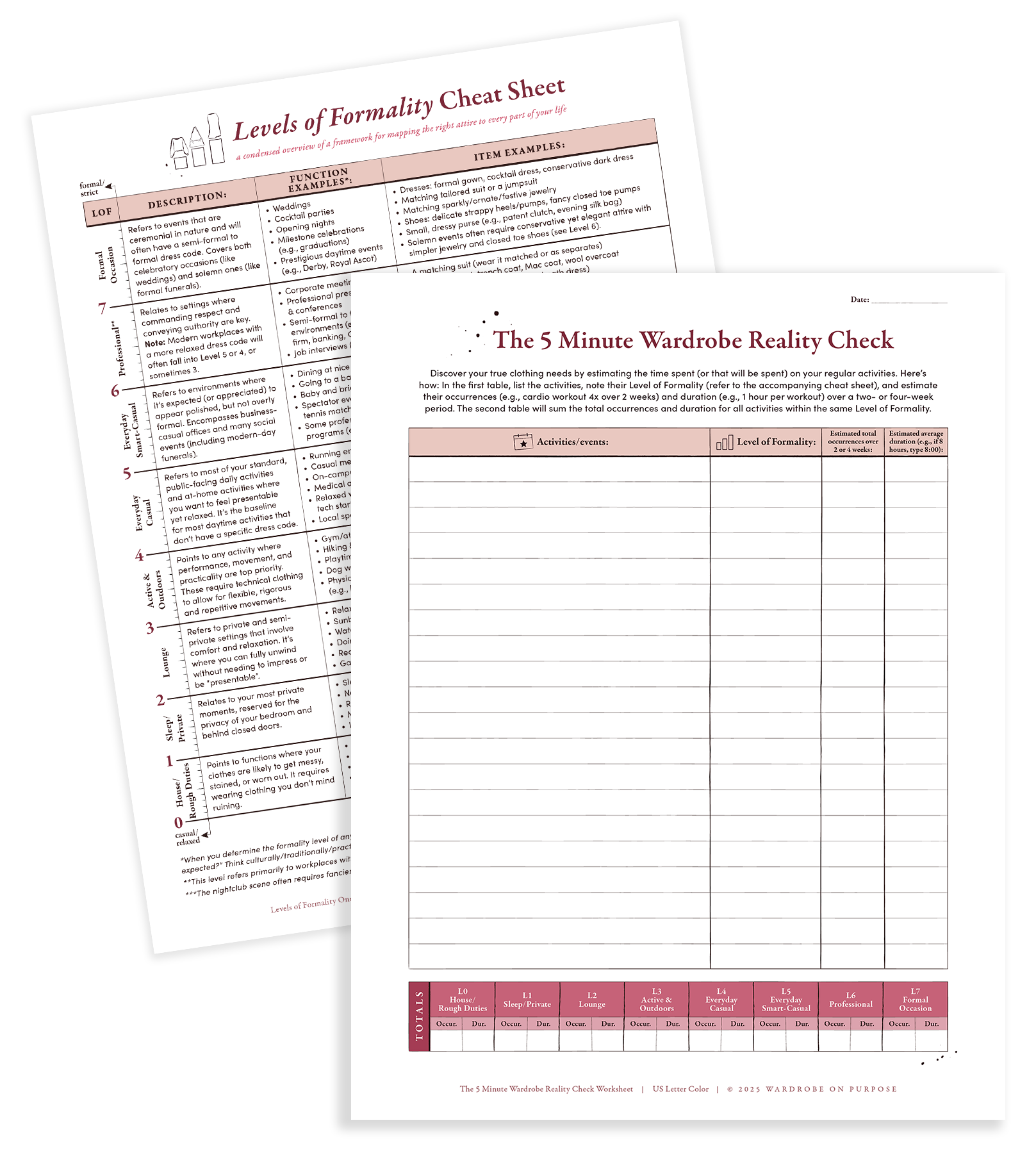 Mockup image of the freebie Wardrobe Clarity Quickstart Kit consisting of The 5 Minute Wardrobe Reality Check Worksheet and Levels of Formality